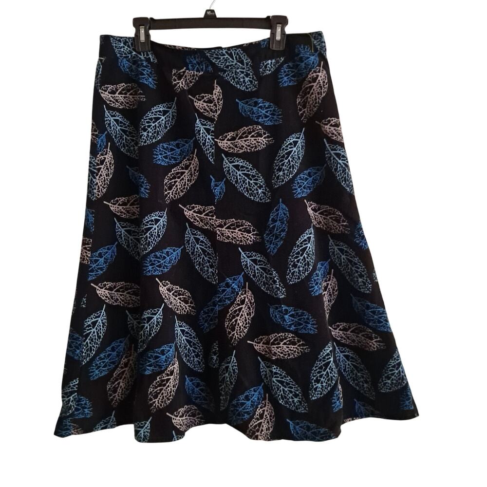 Laura Ashley Leaf Print Corduroy Midi A-Line Skirt Blue Black Women's Size 12